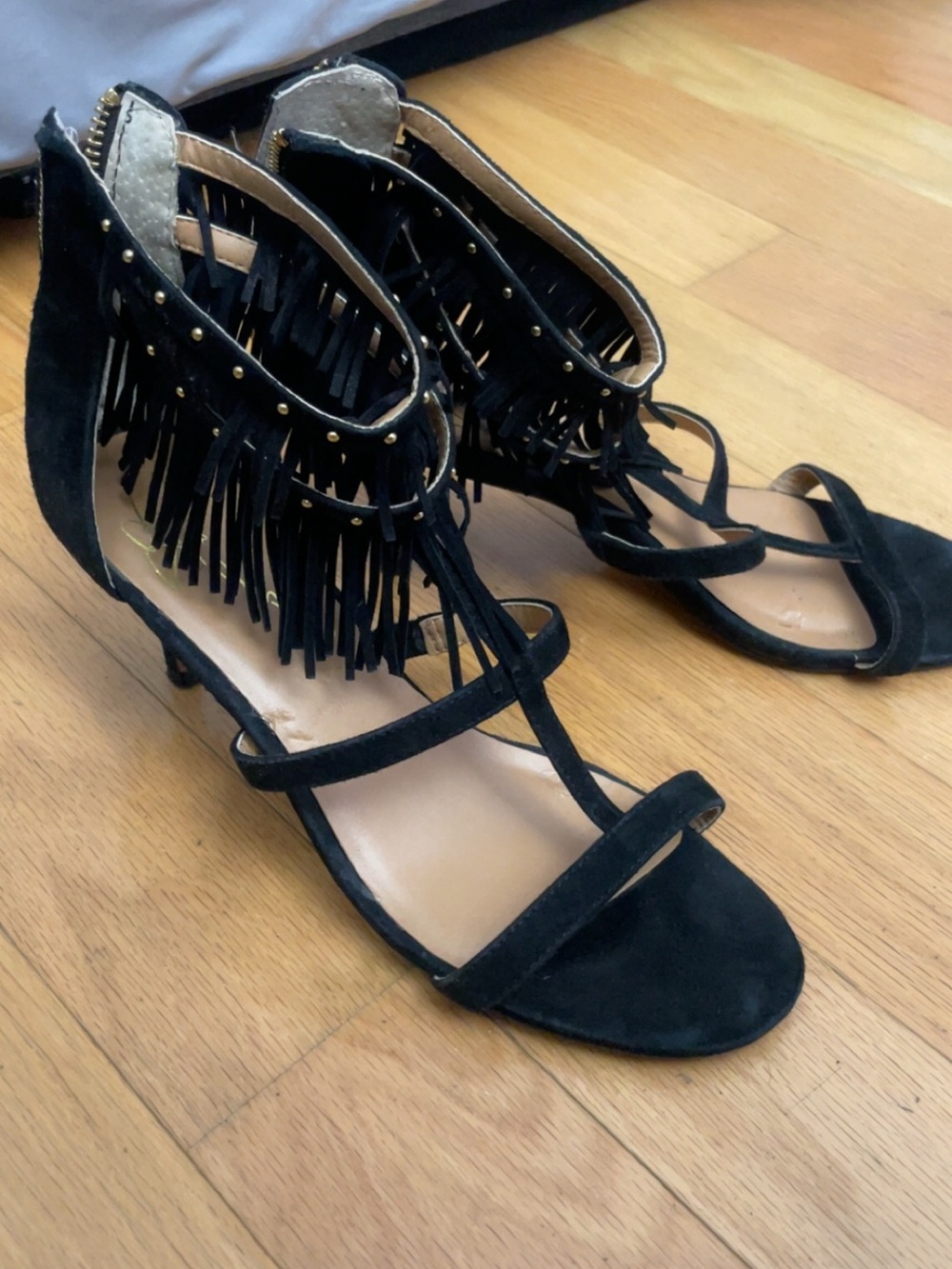 Report Signature Black Suede Fringe Ankle-Strap Heels with Gold Studs
